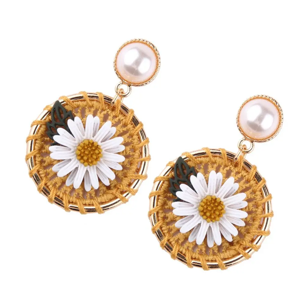 Handmade Straw Rattan Braided Raffia Wrapped Earrings Natural Concise