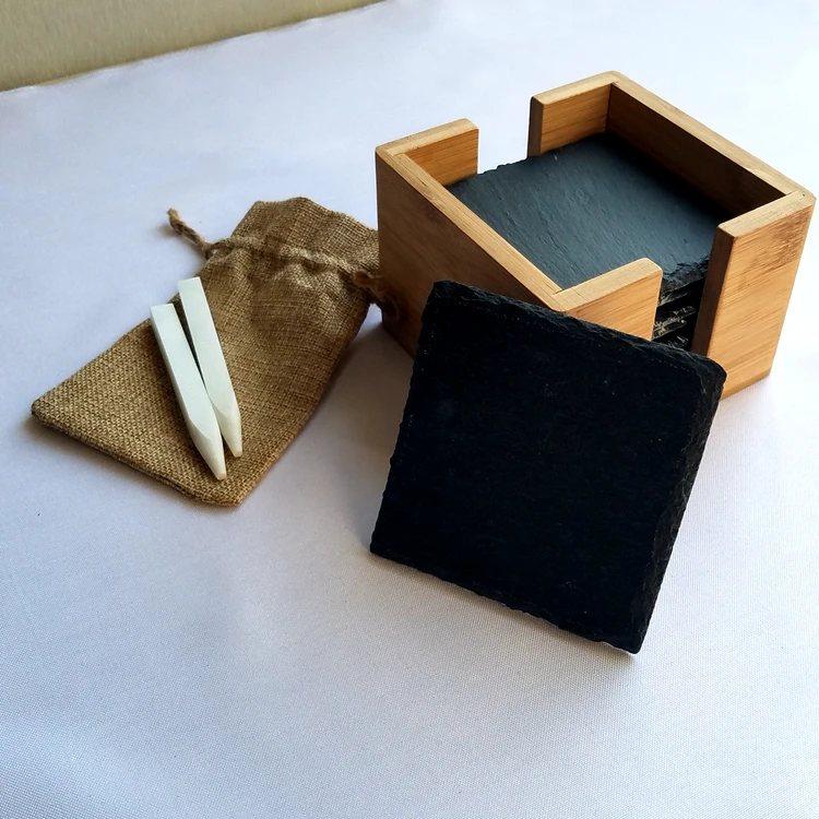 Elegant 8pcs Black Slate Coaster With Wooden Holder And Slate Pencil