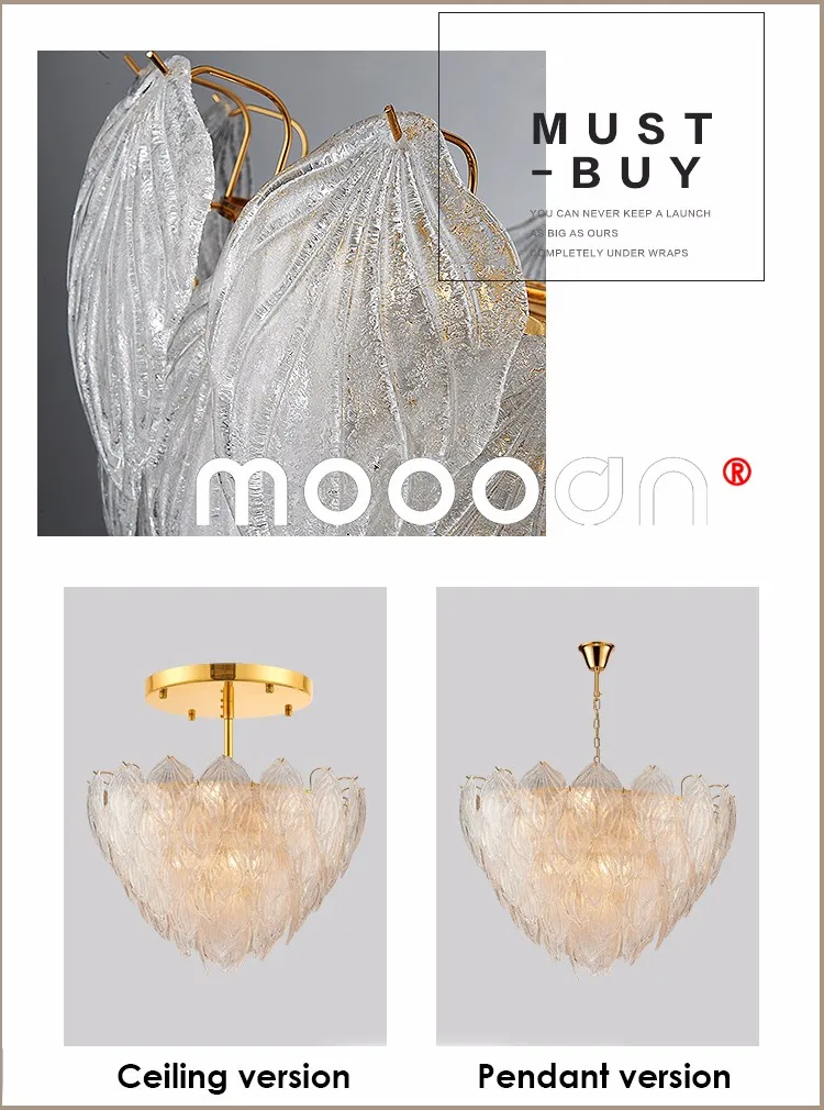 Modern Decorative Big Gold color Hand blown Murano Glass Leaves Feather Lighting chandelier