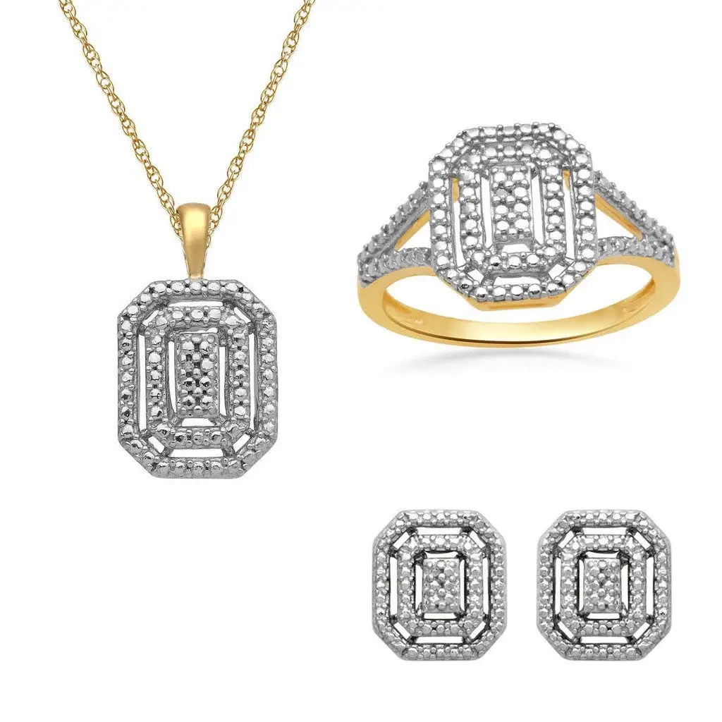 Jewelili 18K Yellow Gold Plated Sterling Silver Diamond Accent Halo Pendant Necklace, Ring And Stud Earrings Box Set, Size 7