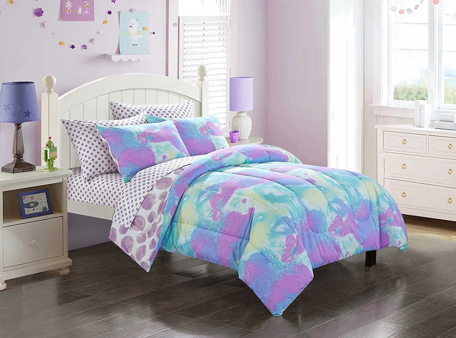 D.I.D. 7 Piece Kids Purple Teal Blue Tie Dye Comforter Set Full Sized, Colorful Paint Bedding Artistic Hippie Cloud Pattern Fun Bright Colors Watercolor Hippy Bohemian Art Themed Vibrant, Polyester