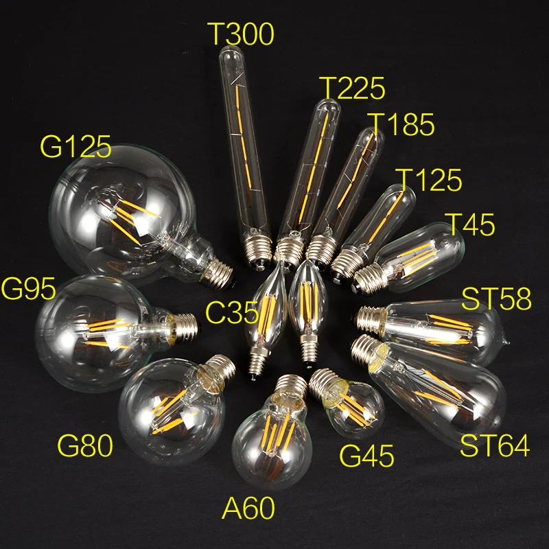 2W 4W 6W 8W E26 E27 B22 ST64 Clear/Amber LED Vintage Edison Light Bulbs A60 C35 T45 T30 G80 G95 G125 Dimmable Filament LED Bulb