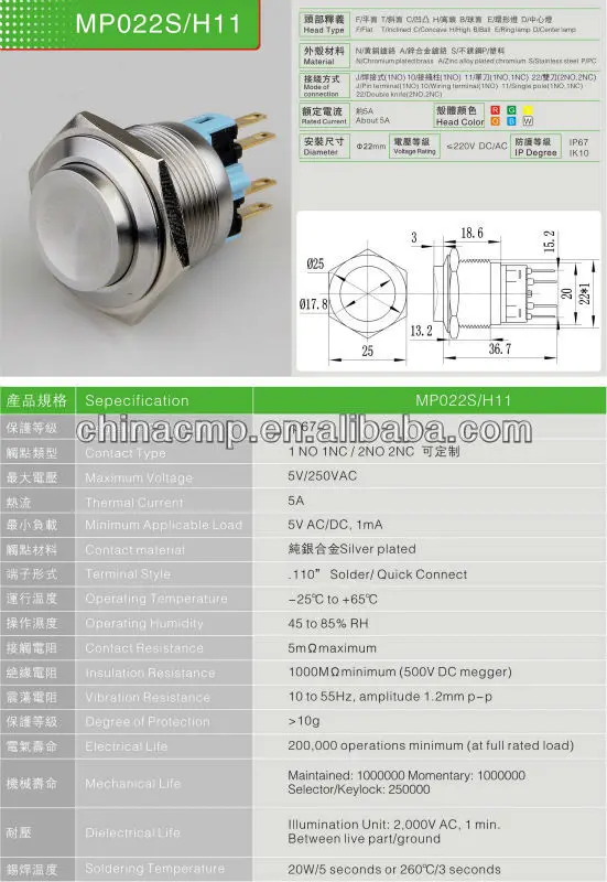 CMP raised head 22mm push button micro push switch