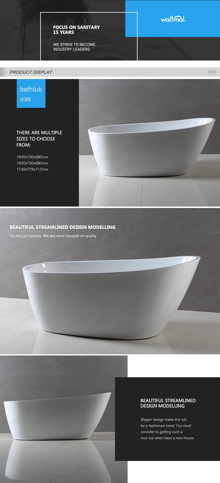 Waltmal OEM Service Cheap Portable Acrylic Left Drain Freestanding Deep Bath Tub In White WTM-02526