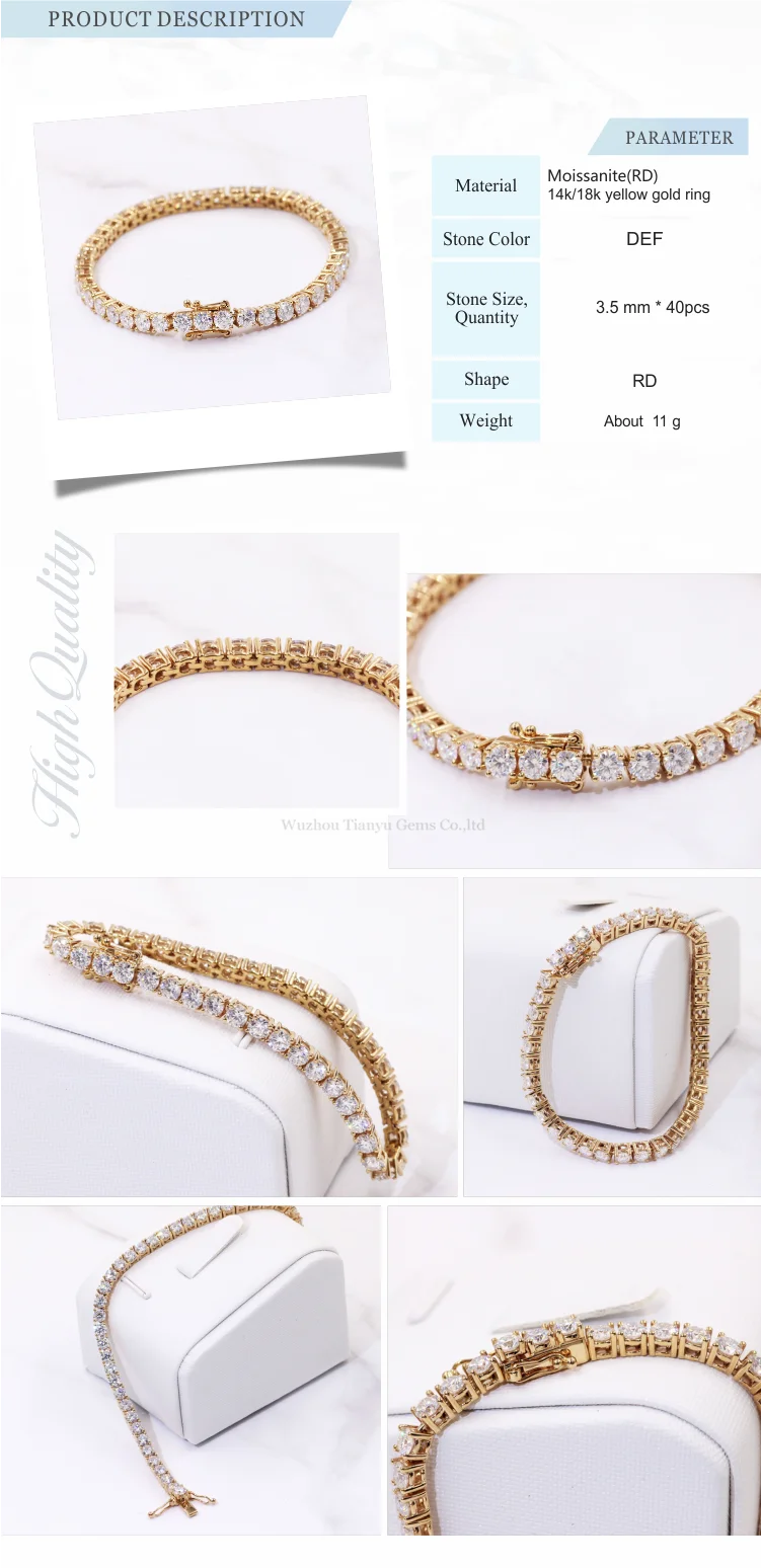 Tianyu customized 14k yellow gold 3.5mm 150mm moissanite bracelet