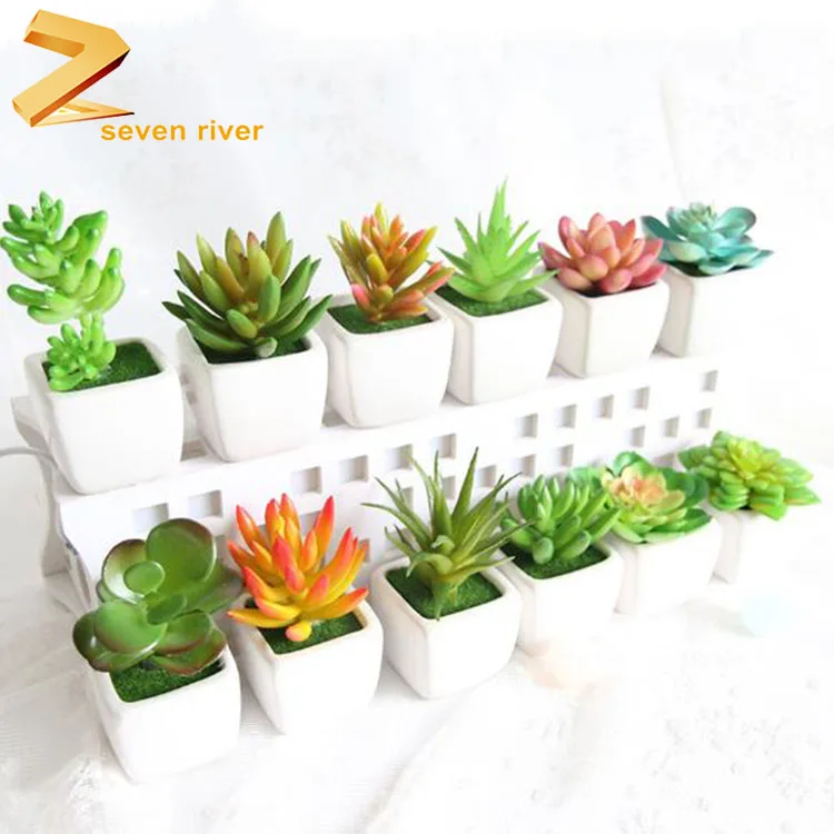 Set of 4 Home Indoor Decoration Mini Assorted Green Artificial Succulent Plants with Square White Ceramic Planters