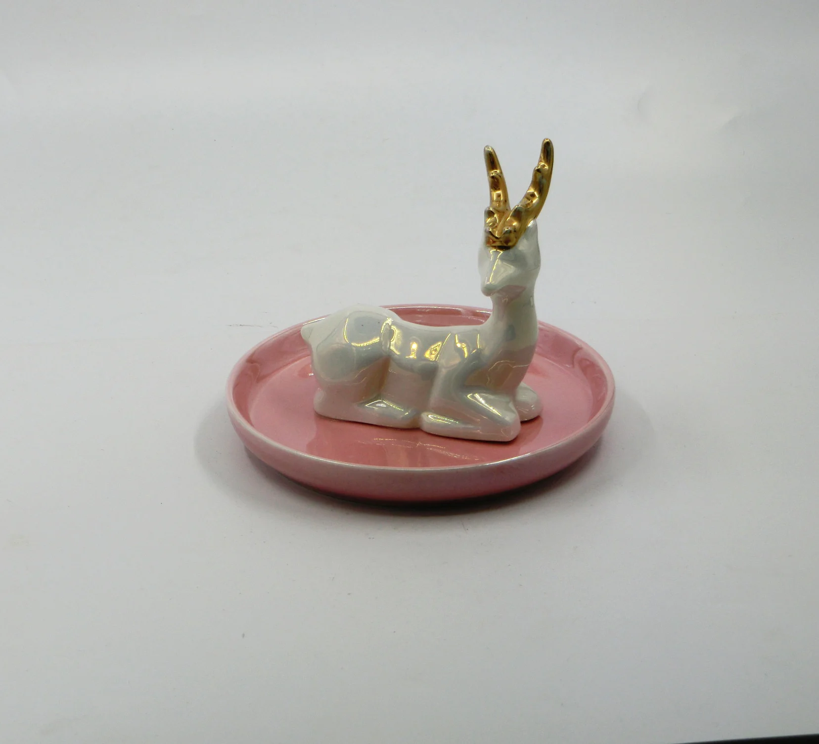 Ceramic Animal Reindeer In White Glazed Ring Holder Jewelry Pink Dish Trinket Tray Buy Animal
