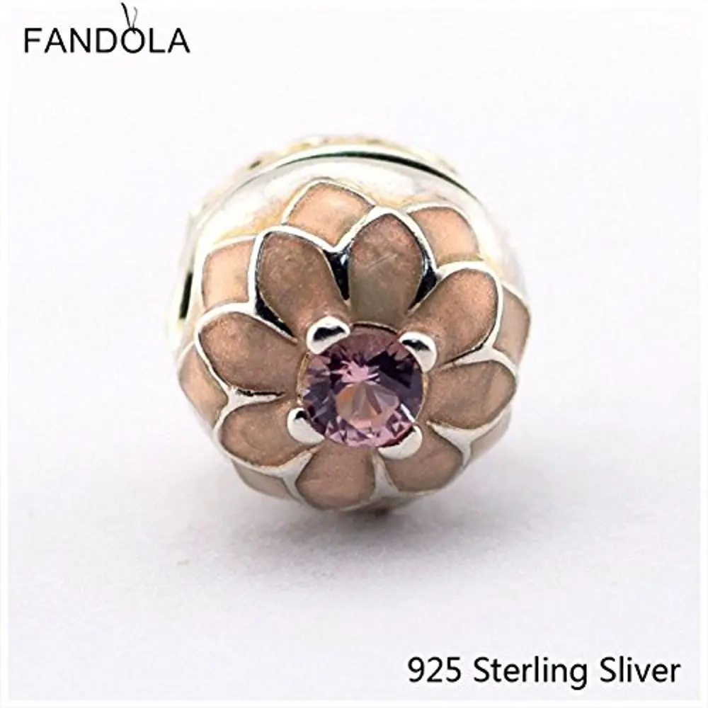 Sugar Memory 925 Sterling Silver Beads Fits Jewelry Bracelets Blooming Dahlia Clip, Cream Enamel Blush Pink Crystal DIY Charms