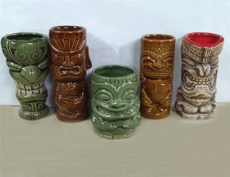 12 Oz Custom Porcelain Tiki Mug Set Cocktail Embossed Glazed Ceramic