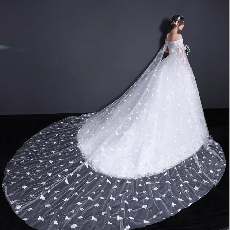 ZH2367G Fancy Long Chapel Train Ball Gown Wedding Dresses Off the Shoulder Lace Appliques Bridal Gown