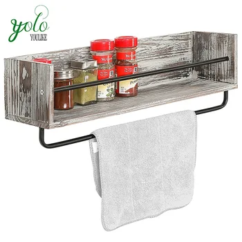 Rustic Torched Wood Wall Mounted Kitchen Spice Rack Shelf With