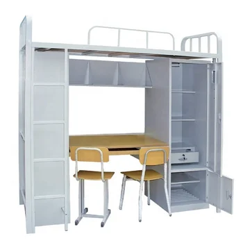New Style Dormitory Metal Double Bunk Bed With Desk Cabinet And Metal Double Bunk Bed With Desk Cabinet