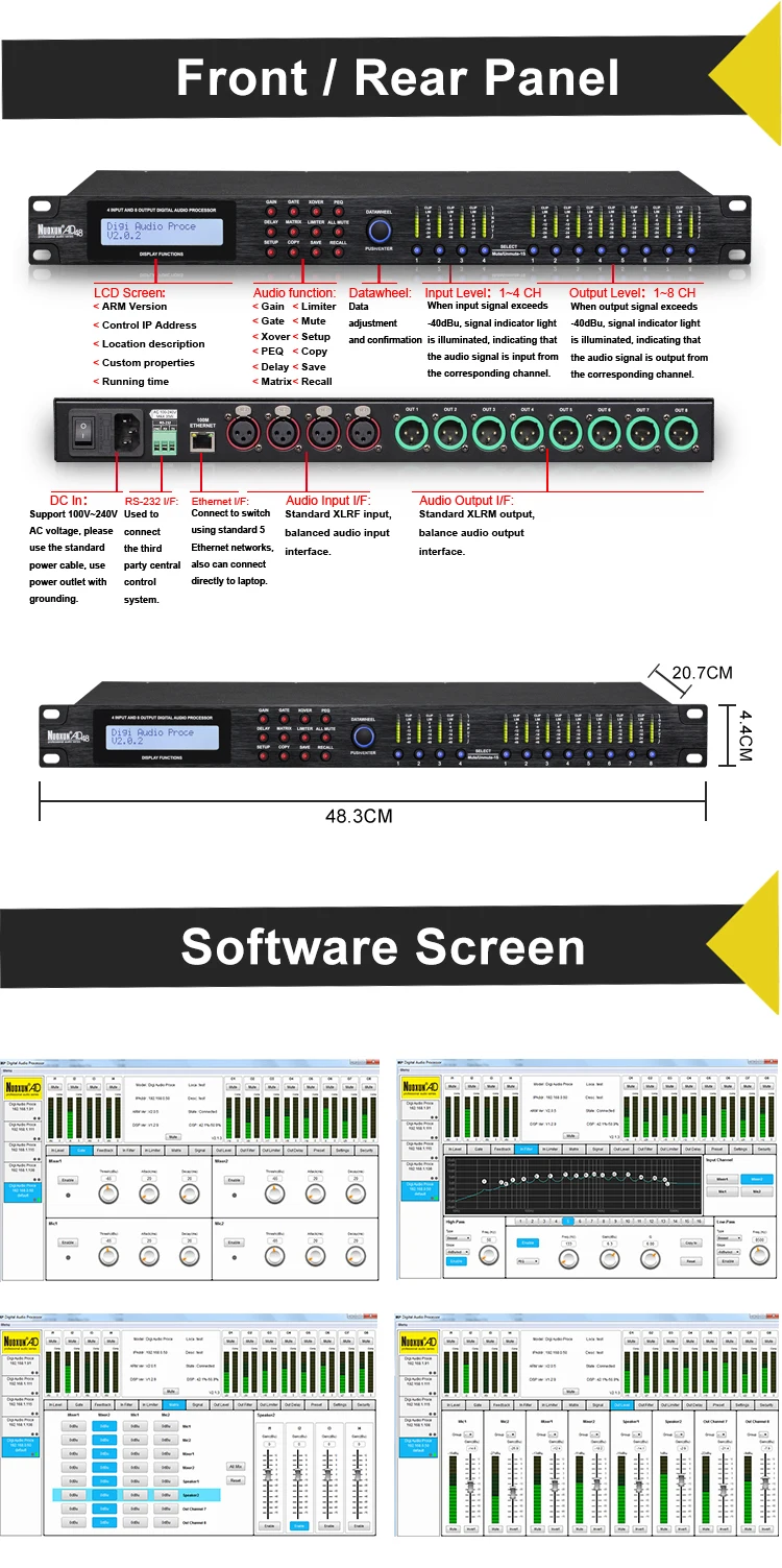 Professional 4 Input 8 Output Digital Audio Processor Speaker Processor ...