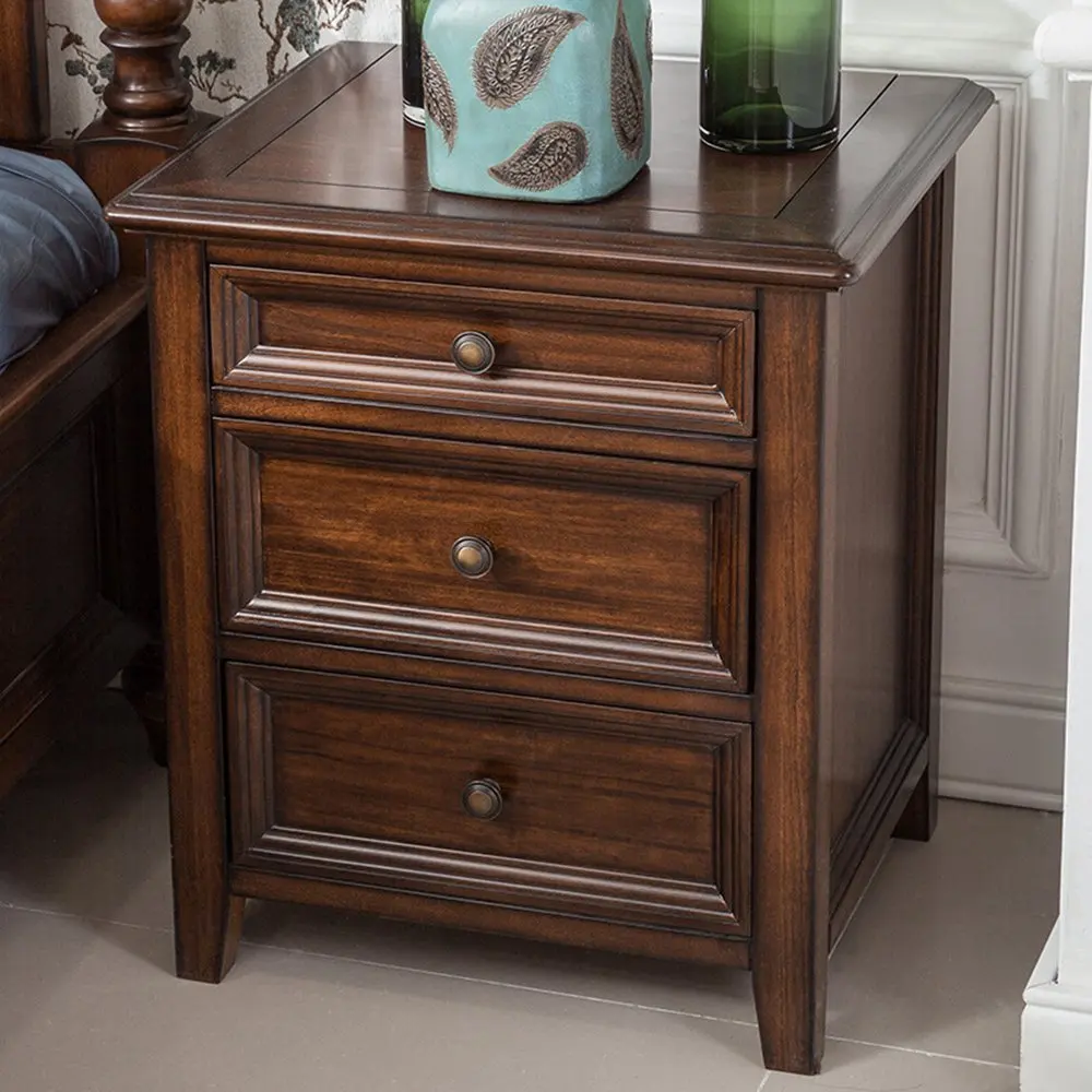 LJ&L Pure hand-made bedside lockers, three-drawer brass handle Luxurious home bedroom bedside tables, European-style retro lockers,Black walnut,21.617.724.4inch