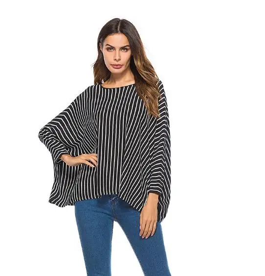 2018 round neck batwing sleeve vertical stripes women sweater