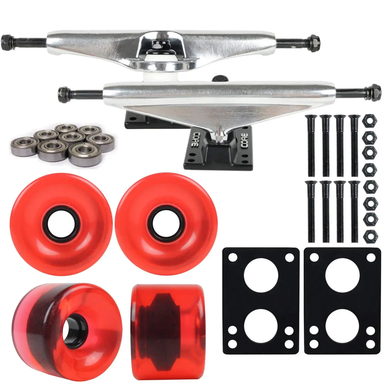 Longboard Skateboard Trucks Combo Set 76mm Blank Wheels with Silver Trucks, Bearings, and Hardware Package (76mm Translucent Red Wheels, 6.0 (9.63") Silver Trucks)