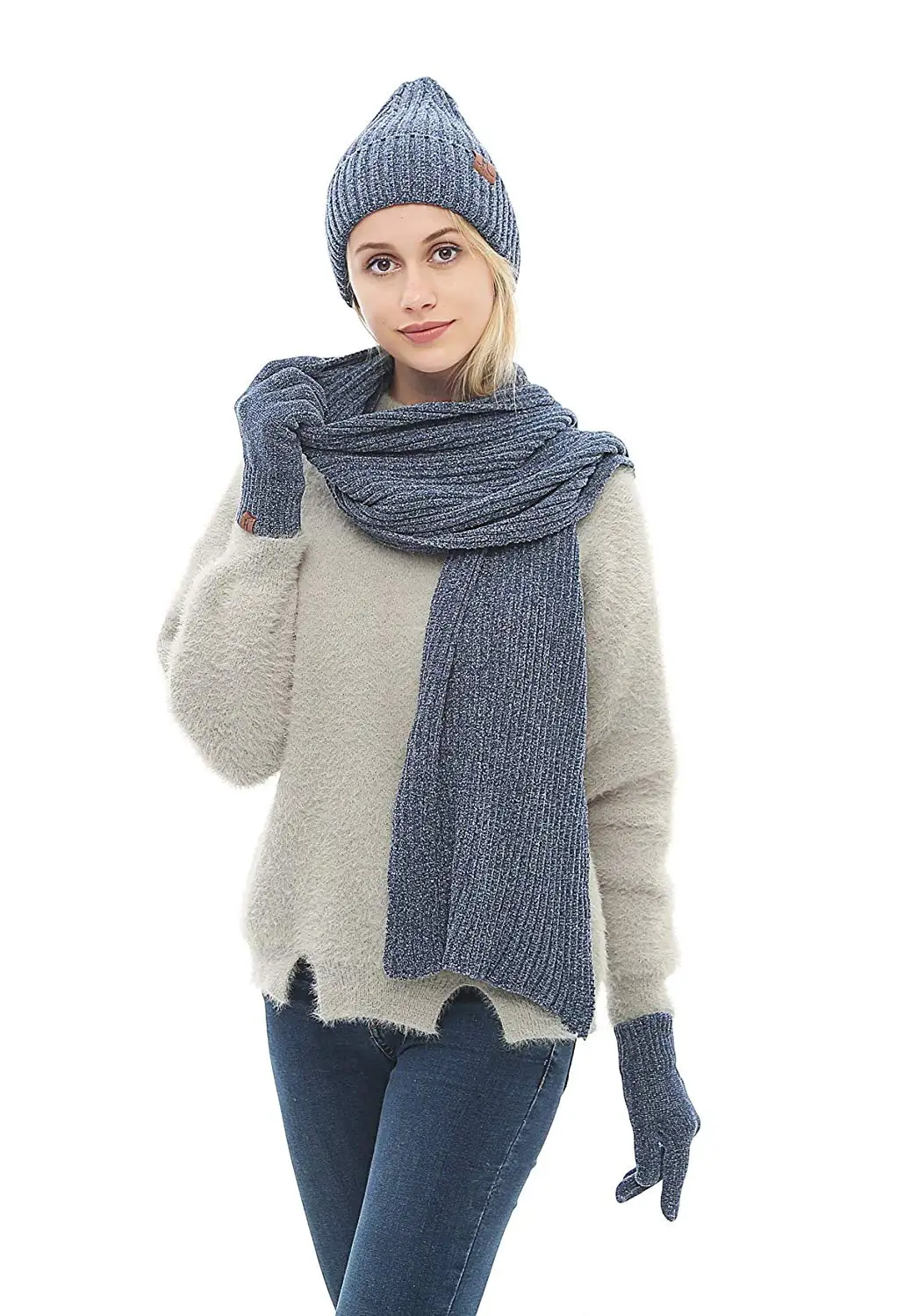 OULII Unisex Hat Scarves Gloves Set Knitted Beanie Hat Scarf Touch Screen Gloves