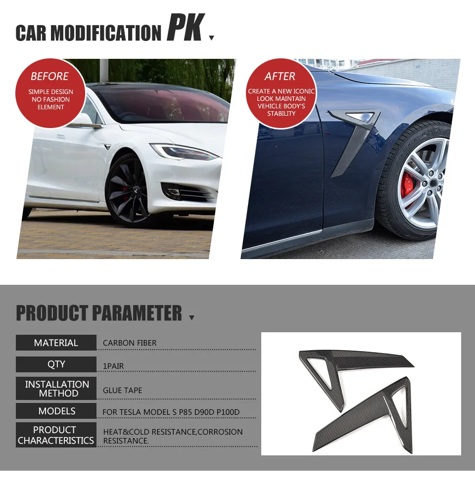 Carbon Fiber Car Side Fender Vents For Tesla Model S P85d P100d Sedan 4