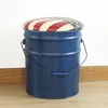 Vintage brushed metal tin bucket stool with union Jack PU seat