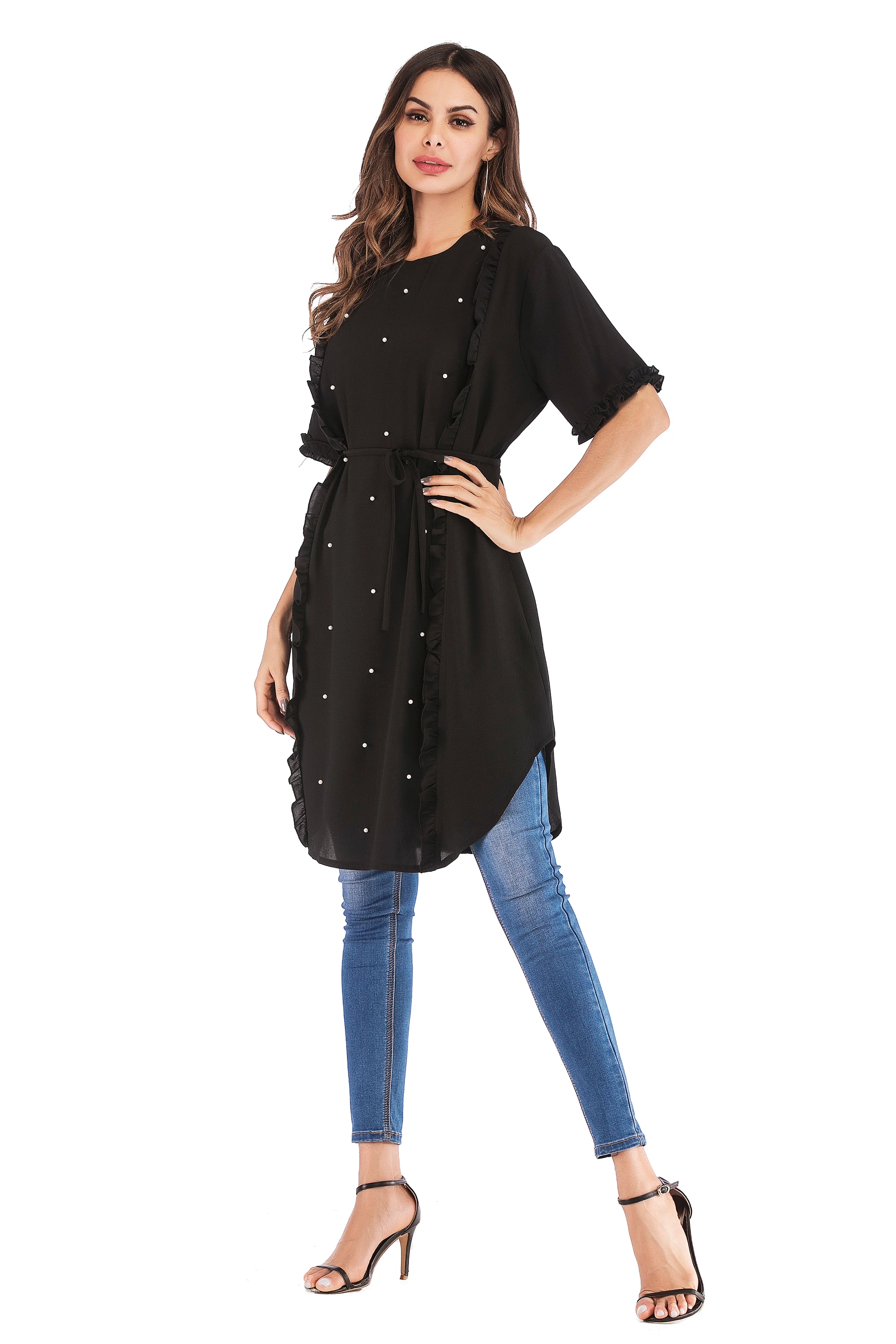 2142 Australia Elegant Oneck Beading Long Chiffon Blouse Long Sleeve Sweatshirt Ladies Casual