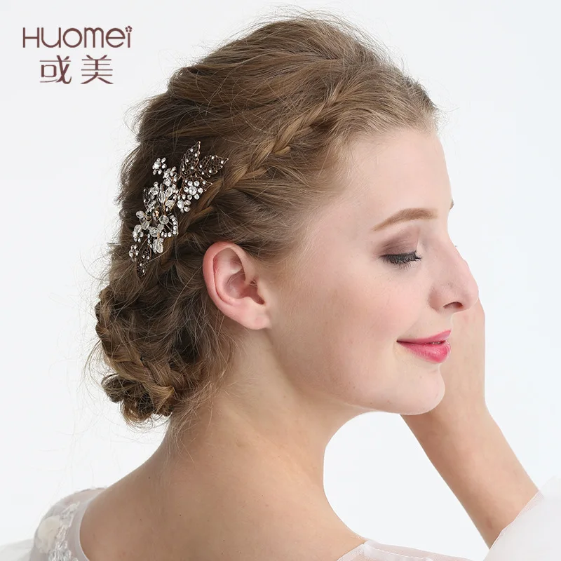 1pcs Wedding Hair Pins Handmade Bridal Accessories Pearl Gold Leaf Crystal Comb 