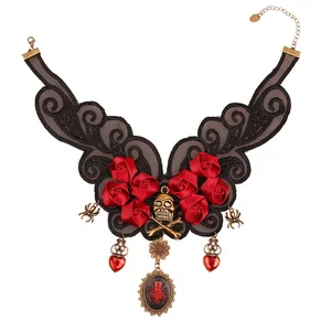 HALLOWEEN HANDMADE CARNIVAL PARTY FANCY GOTHIC DRESS LACE WITH ROSE AND JEWELRY NECKLACE