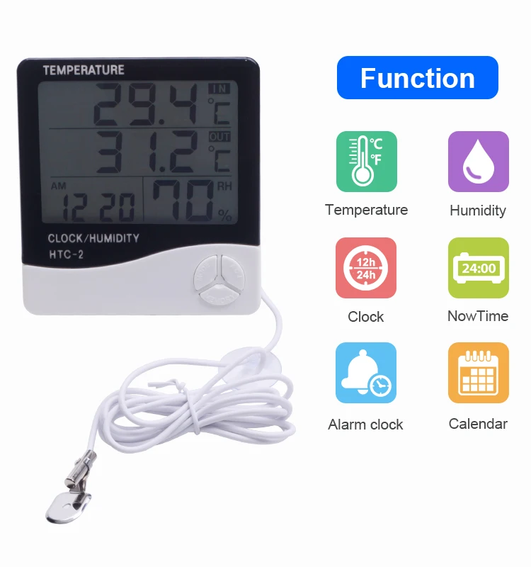 HTC-2 High Quality Room Indoor and Outdoor Electronic Temperature Humidity  Meter Digital Thermometer Hygrometer Weather Station Alarm Clock,Digital  Thermometer