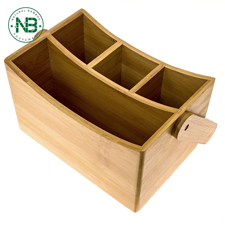 Bamboo Flatware Cutlery Caddy With Swinging Handle For Utensil Holder