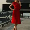 KY feminine 100% Viscose midi length lace patchwork One Shoulder Red Dress