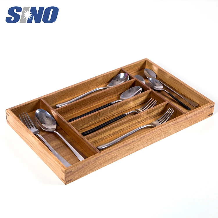 Acacia Wood Knife And Fork Silverware Organizer Cutlery Tray For Drawer