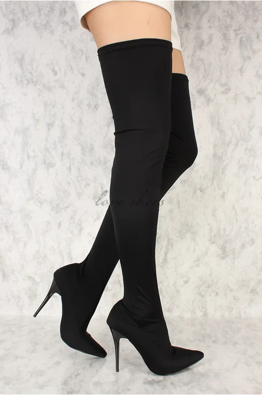 black stretch lycra thigh high boots