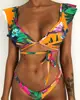 2019 Brazilian New Style Ruffle Print Floral Sexy Split Two Piece Set Swimwear For Women