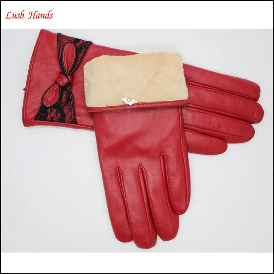 ladies red winter thin leather hand gloves winter with knot