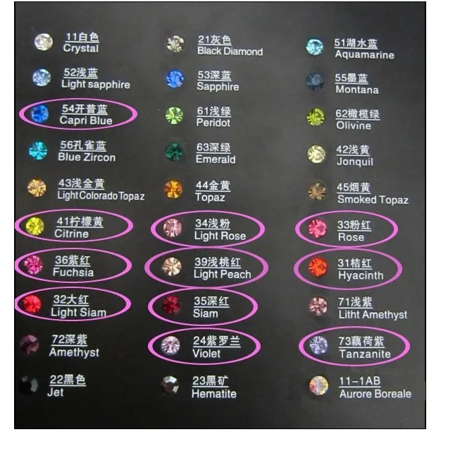 Arhinestone color chart