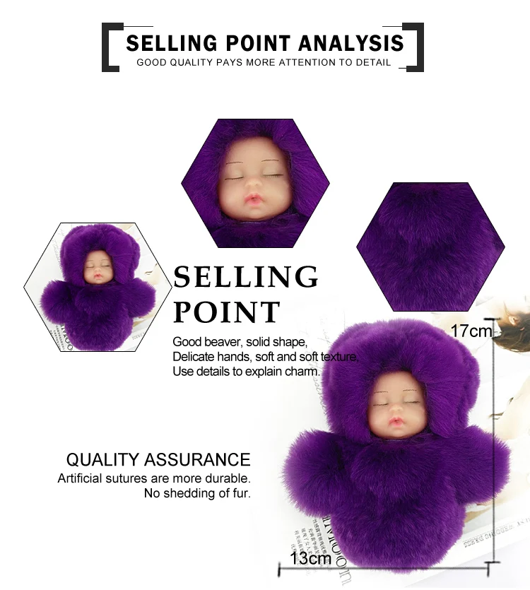 Yongze Fashion 100% real rabbit fur key chain Sleep Baby fur souvenir custom keychain manufacturers in china
