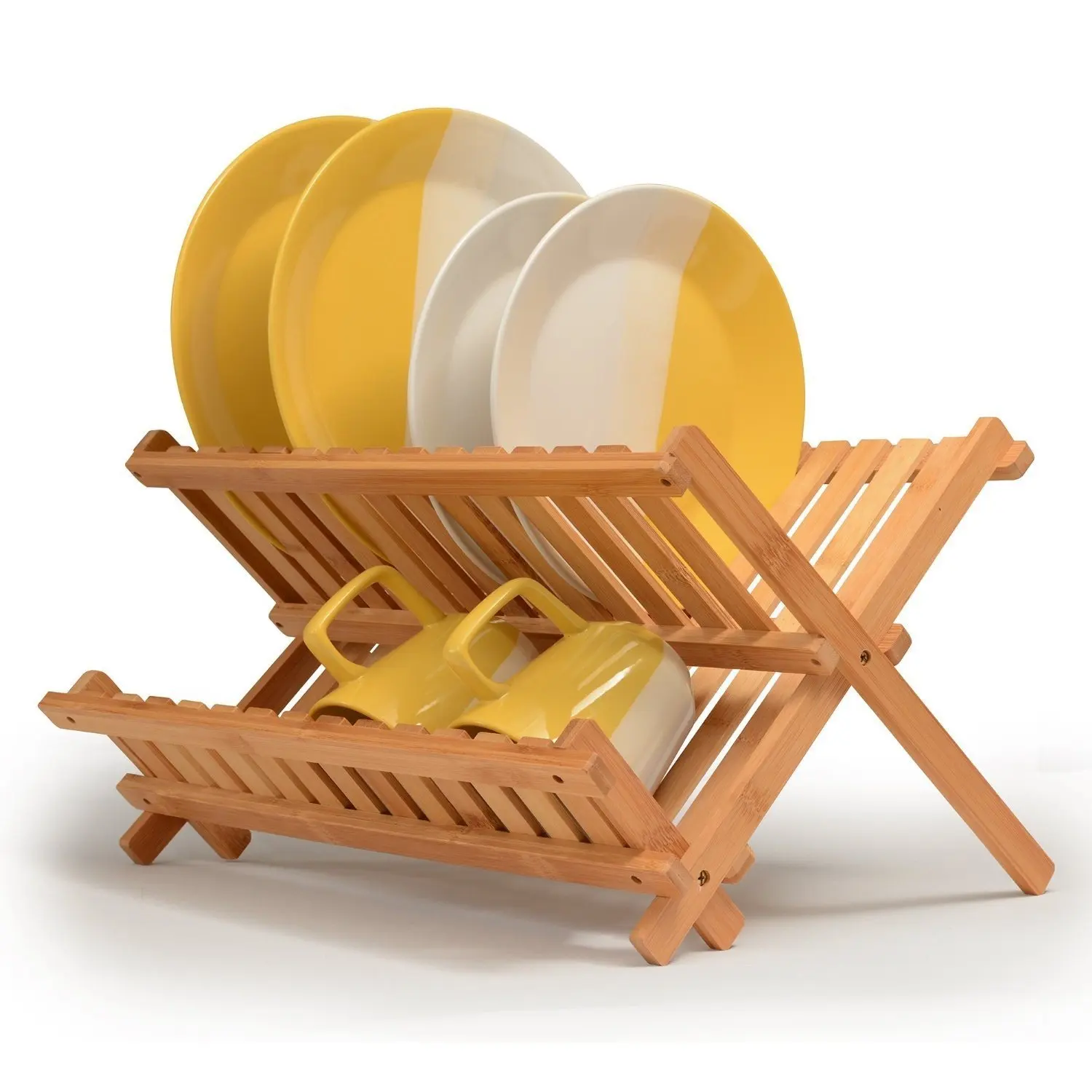 Dish Rack Intriom Bamboo Dish Rack with Utensil Holder Set Scissor Style Foldable
