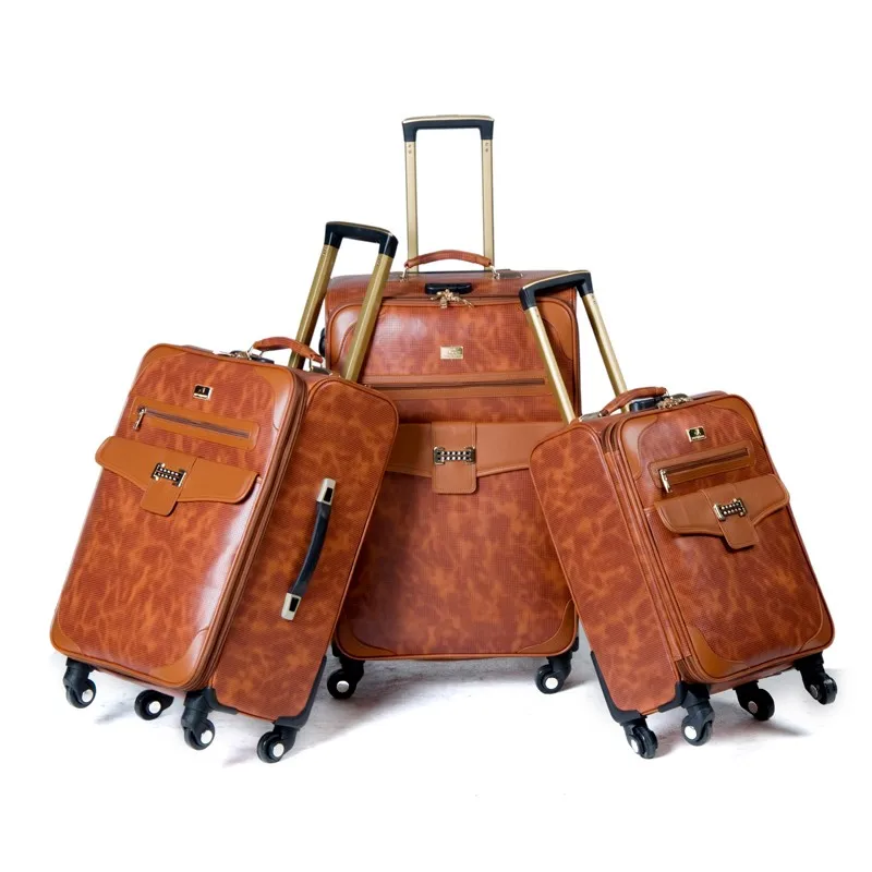 Custom Pu Leather 4 Spinner Wheels Trolley Travel Luggage Bags Set