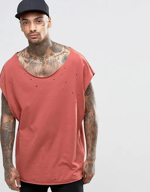 High Quality Oversized Distressed Sleeveless T Shirt With Scoop Neck ...