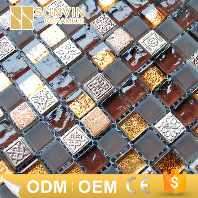 pattern resin stone mix gold foil frosted crystal glass mosaic tile