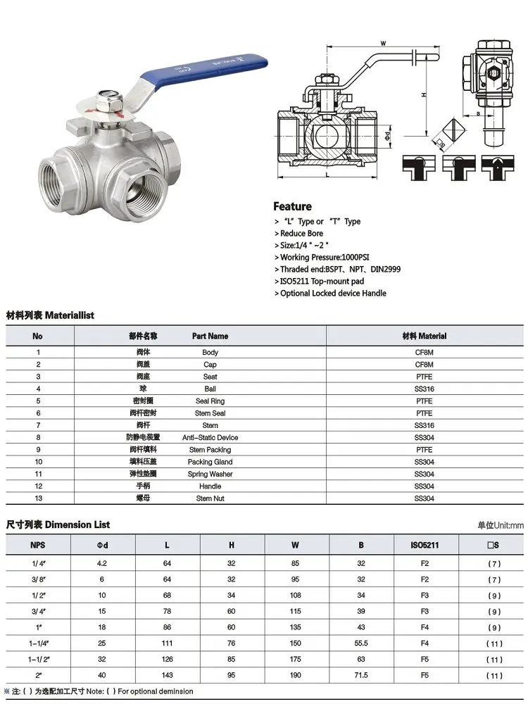 3 Way Valve With Threaded End - Buy Ss304 3 Way Ball Valve,1000wog 3way ...