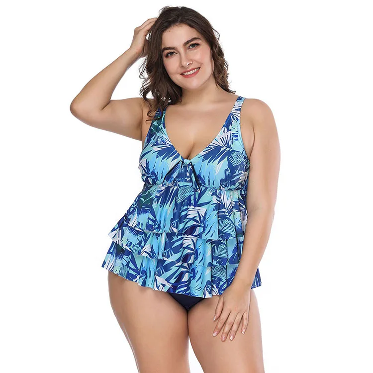 Deep V Neck Printed Plus Size Swimming Bathing Suit Ladies Tankini ...