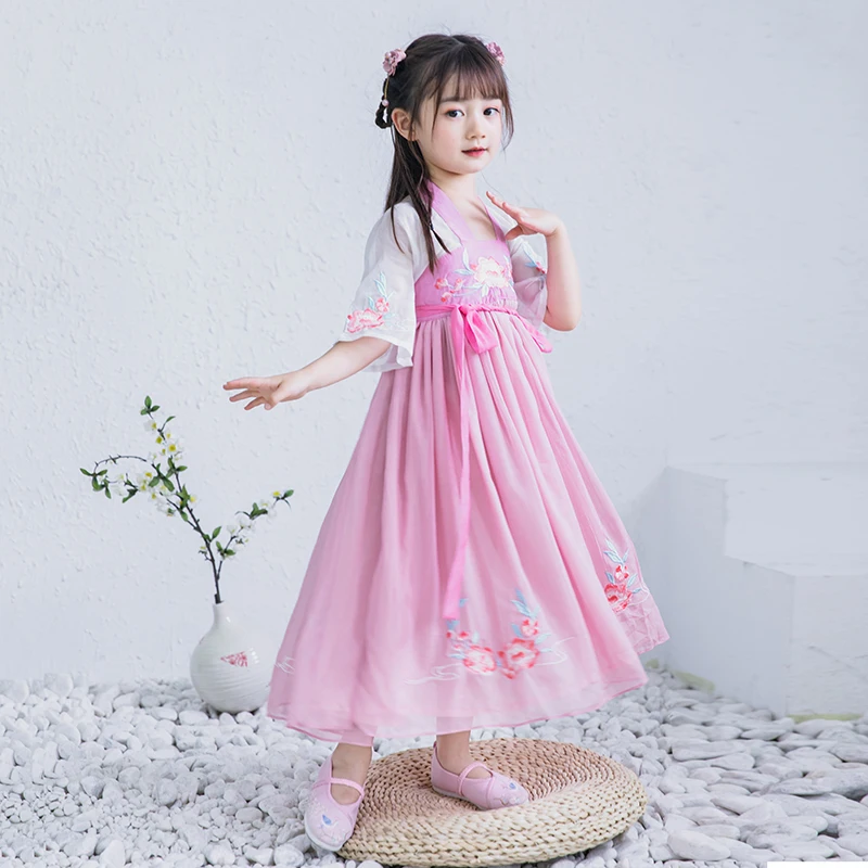 
Traditional Chinese Clothing Kids Embroidery Skirt 2 Piece Set Girls Hanfu Dress Tang Suit 