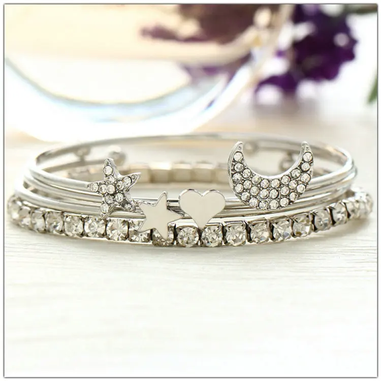 4PCS/Set Women Simple Silver Rhinestone Star Moon Opening Bracelets New Jewelry