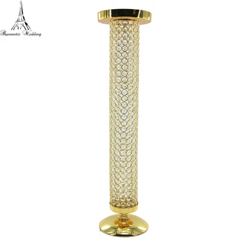 Golden Crystal Beaded Pillar Crystal Vases For Wedding