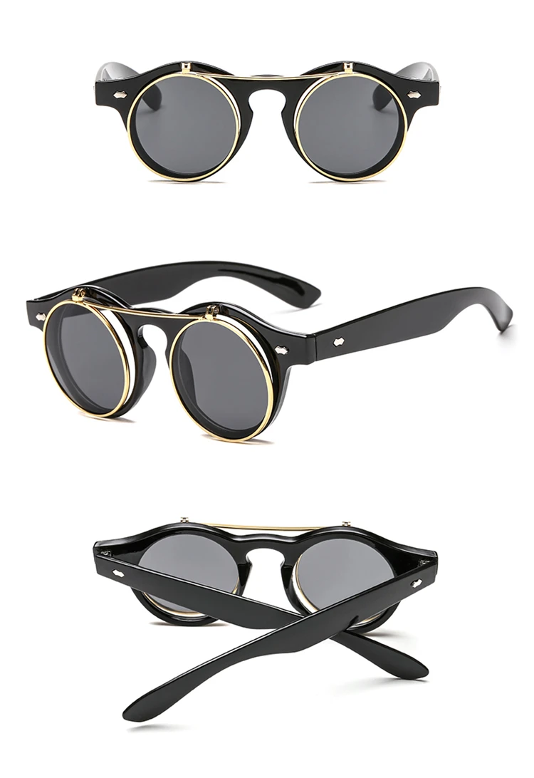 10546 Superhot Eyewear Retro Vintage Flip Up Round Steampunk Sunglasses