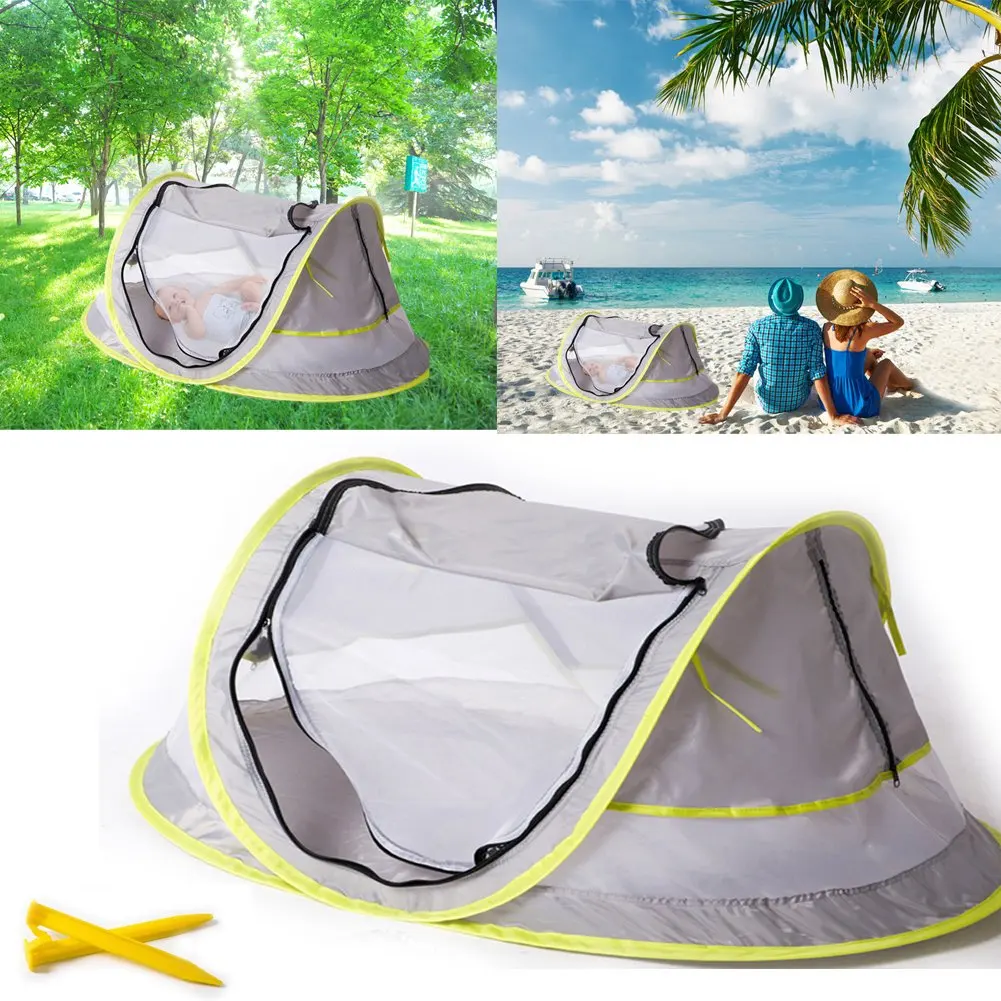 Baby Travel Tent UV Travel Bed Cribs Protection Sun Shelter Shade for Baby Under Age 2 Portable Ultralight Folding Baby Beach Tent Pop Up UPF 50 Grey//Green