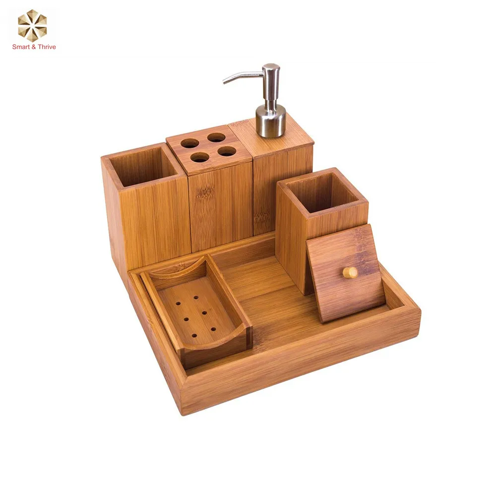 Sansnow Bamboo Bathroom Accessory Set With Soap Dispenser Toothbrush