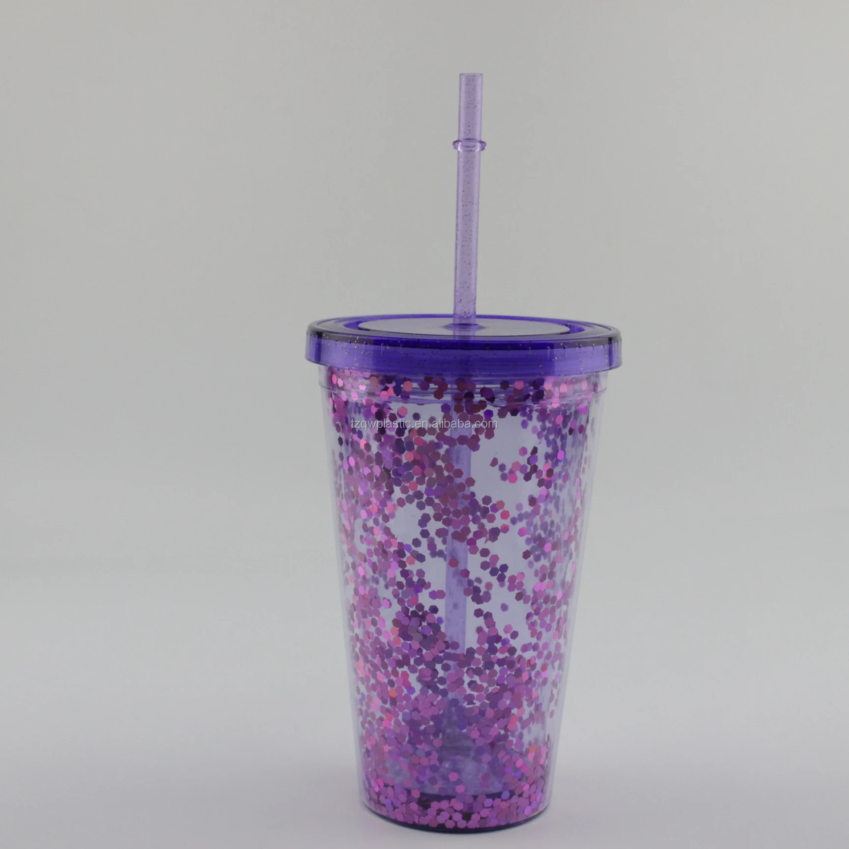 Double Wall Glitter Straw 16oz Plastic Glitter Drinking Tumbler Plastic