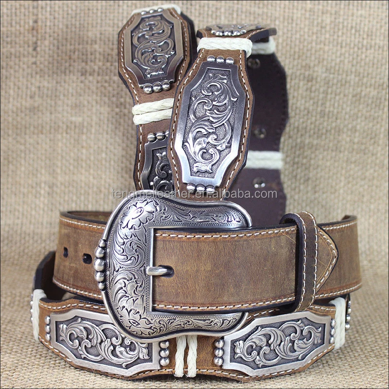 Western Cowboy Men Concho Cowhide Leather Scalloped Belt Size 32