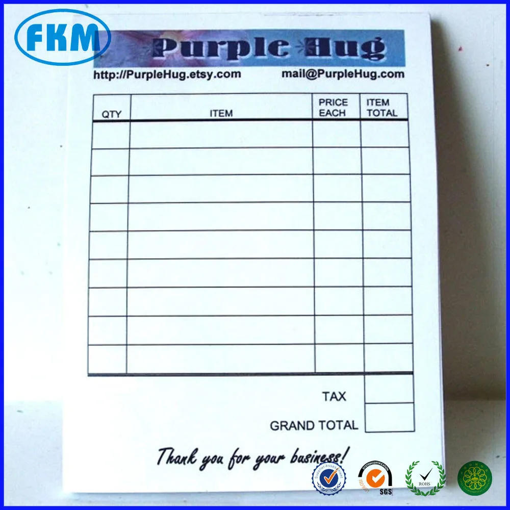 bill receipt sales book or invoice pad custompersonalized color